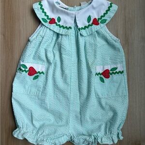 Vintage Green Striped Baby Romper with Strawberry Accents